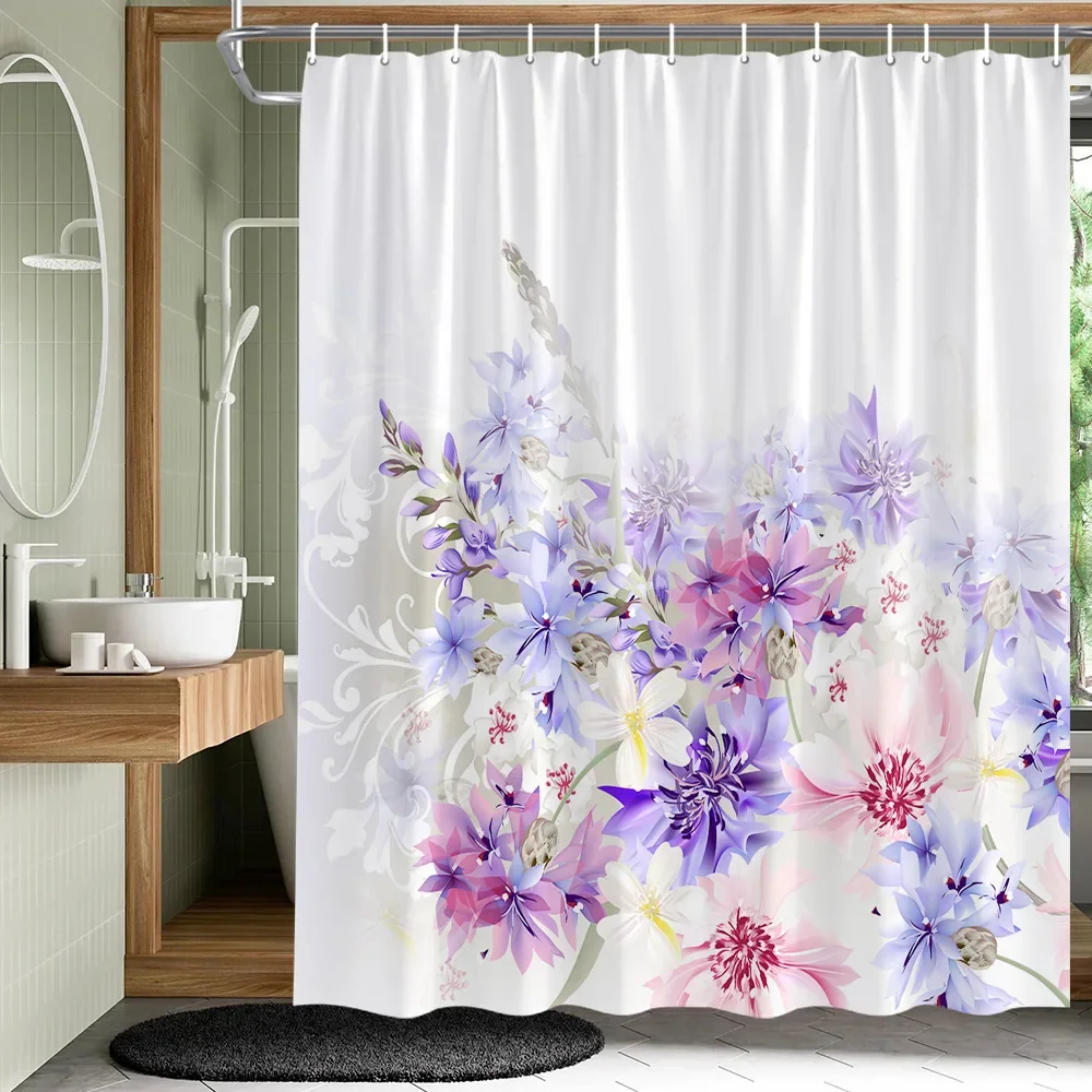 Plant Leaves Flower Shower Curtains Set Garden Floral Drum Tower Fabric Bathroom Decor Splash Resistant Partition Bath Curtains