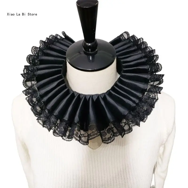 Lace Trim Ruffled Neck Collar Victorian Colonial False Collar for Costume Party XXFD