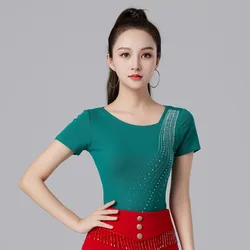 New Summer Latin Dance Top Female Adult New Modern Dance Short Sleeve Fashion Hot Drill National Standard Dance Practice Clothes