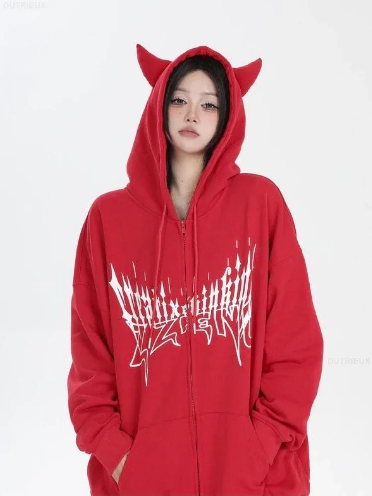 Japanese Zip Up Devil Horns Hoodies Women Harajuku Punk Gothic Sweatshirt Fairy Grunge Jacket Coat Streetwear Alt Emo Clothes - view 2