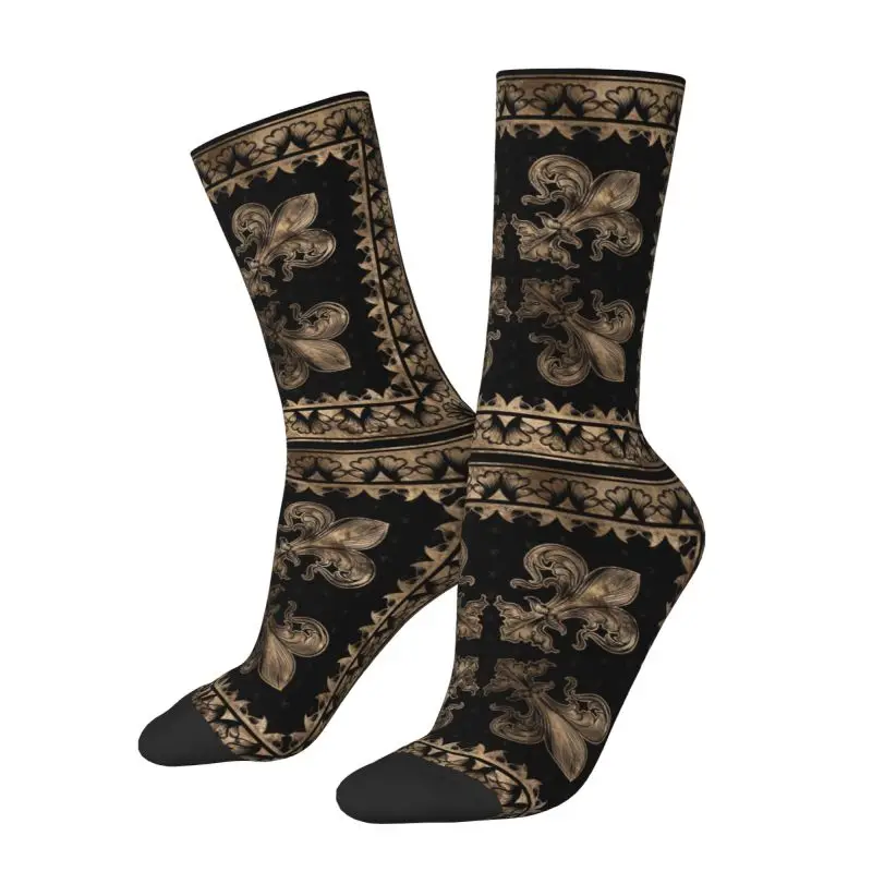 Custom Fleur De Lis Pastel Black And Gold Men Women Crew Socks Unisex Fashion Luxury Sacred Lily Flower Spring Summer  Socks