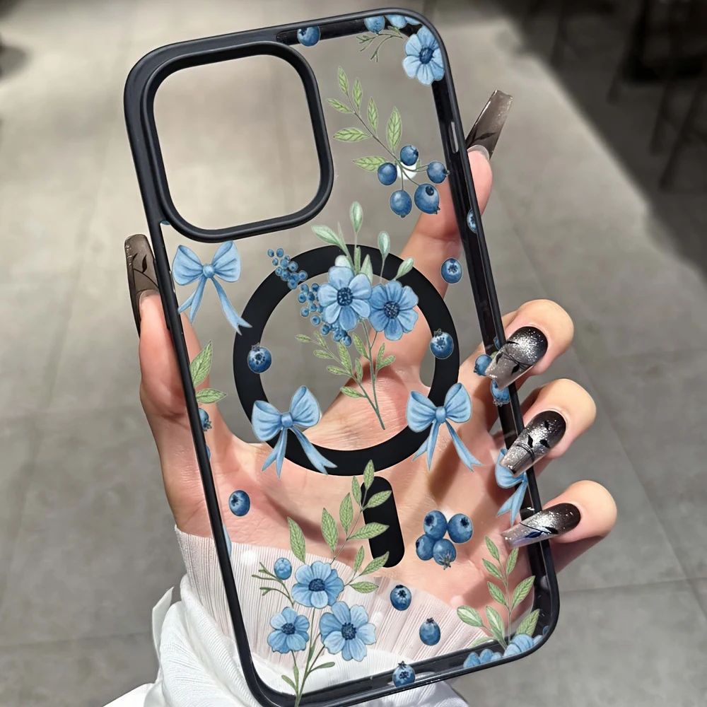 Blueberry Floral Clear Case  For iPhone 17 14 12 Pro Max 13 16 15 Plus 11 Cases For Magsafe Wireless Charing Shockproof Fundas