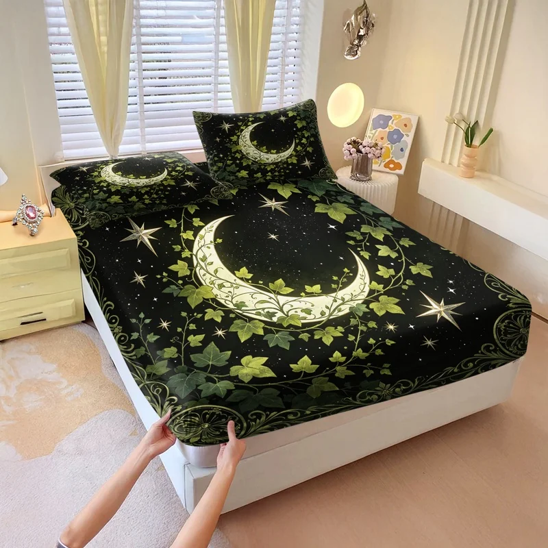 3Pcs Fitted Sheet Set,Dark Ivy Moon Star Print,Elastic Wrap Bedding,Breathable Machine Washable,Decor For Halloween Bedroom Vibe