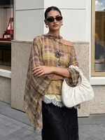 HH Women Fashion Plaid Print Blouse Vintage Casual Loose Asymmetric Hem Tops With Scarf Summer Thin Female Holiday Beach Outfits - Image 2