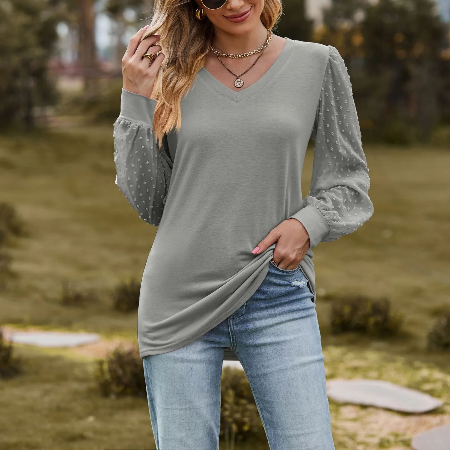 Y2K منظور الموضة بأكمام طويلة تي شيرت المرأة الخريف بلون فضفاض الخامس الرقبة البلوز عادية ركاب قمة بسيطة