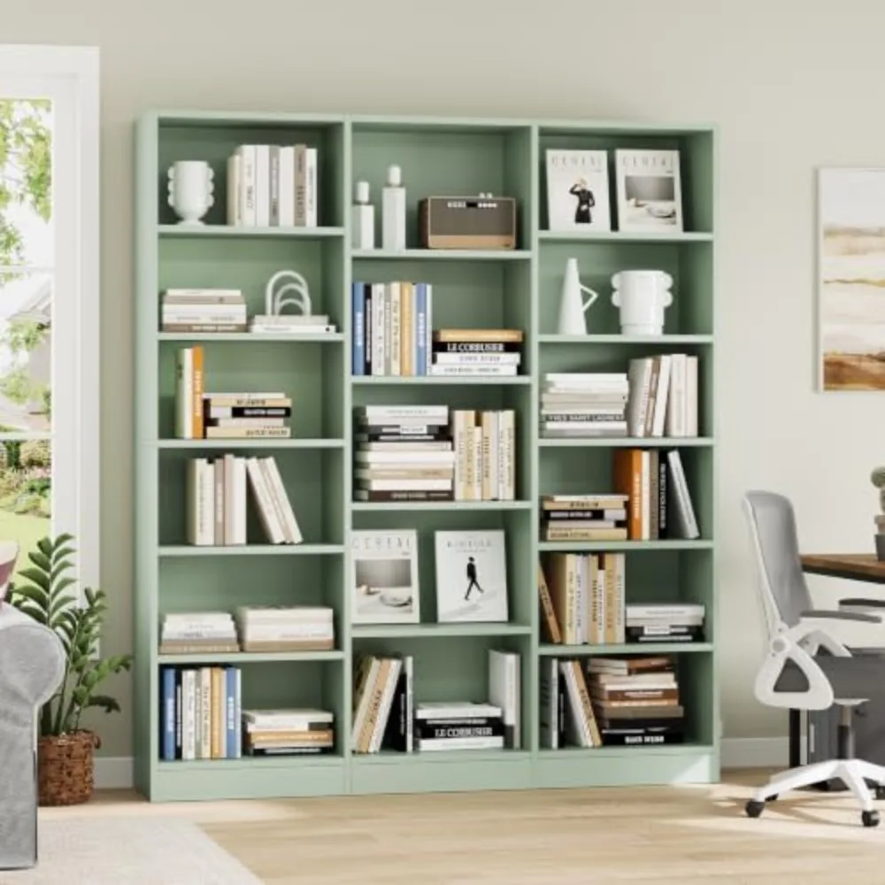 Triple Wide Bookshelf, Large 6 Tier Bookcase with 17 Shelves, Green | 74'' Tall, Triple Wide Design, Spacious Open