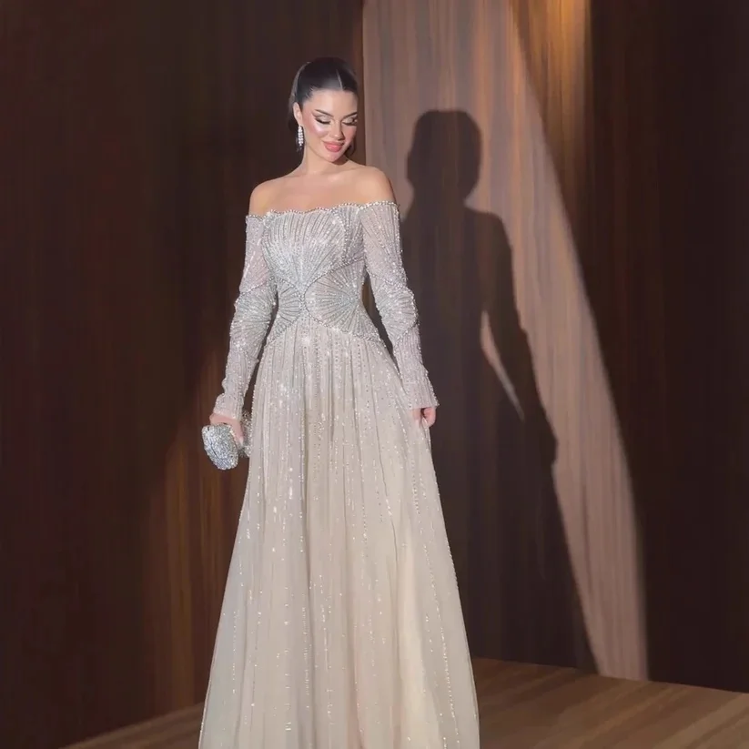 تصميم جديد ألف خط فاخر قبالة الكتف كم طويل مطرز الترتر تول مساء السجادة الحمراء حفل زفاف ضيف فستان حفلة كوكتيل