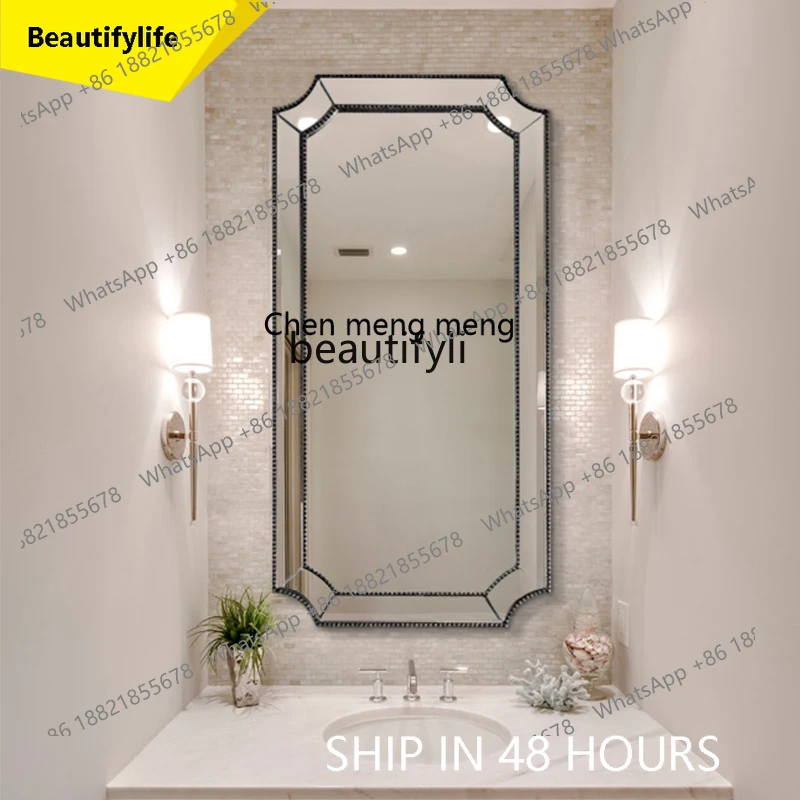 2003French-style Bathroom Mirror Vintage Washroom Makeup Mirror Washstand Wall-mounted Vanity Mirror