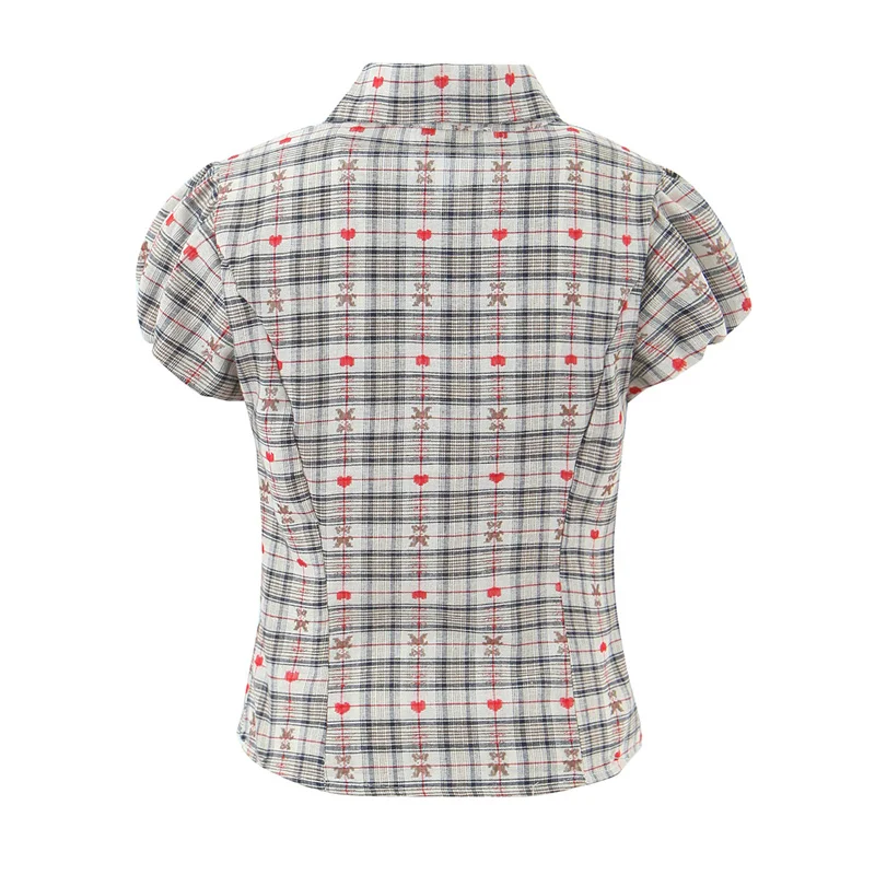 Damesblouse 2026 Lente Nieuw Geruit Print Kort Puffmouw Blouse met Volantdetail en Tailleband Casual Mode Veelzijdig