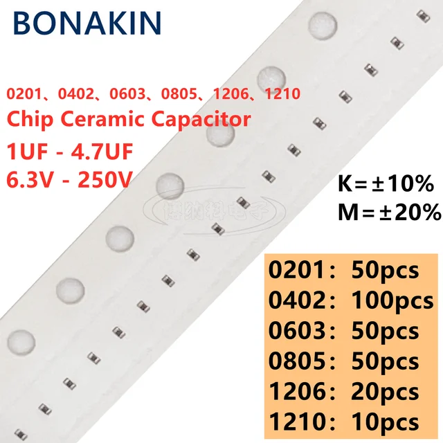 0201 0402 0603 0805 1206 1210 Kondensator ceramiczny chipowy 1UF 2.2UF 4.7UF 6.3V 10V 16V 25V 35V 50V 100V 200V 250V X7R X5R 10% 20%
