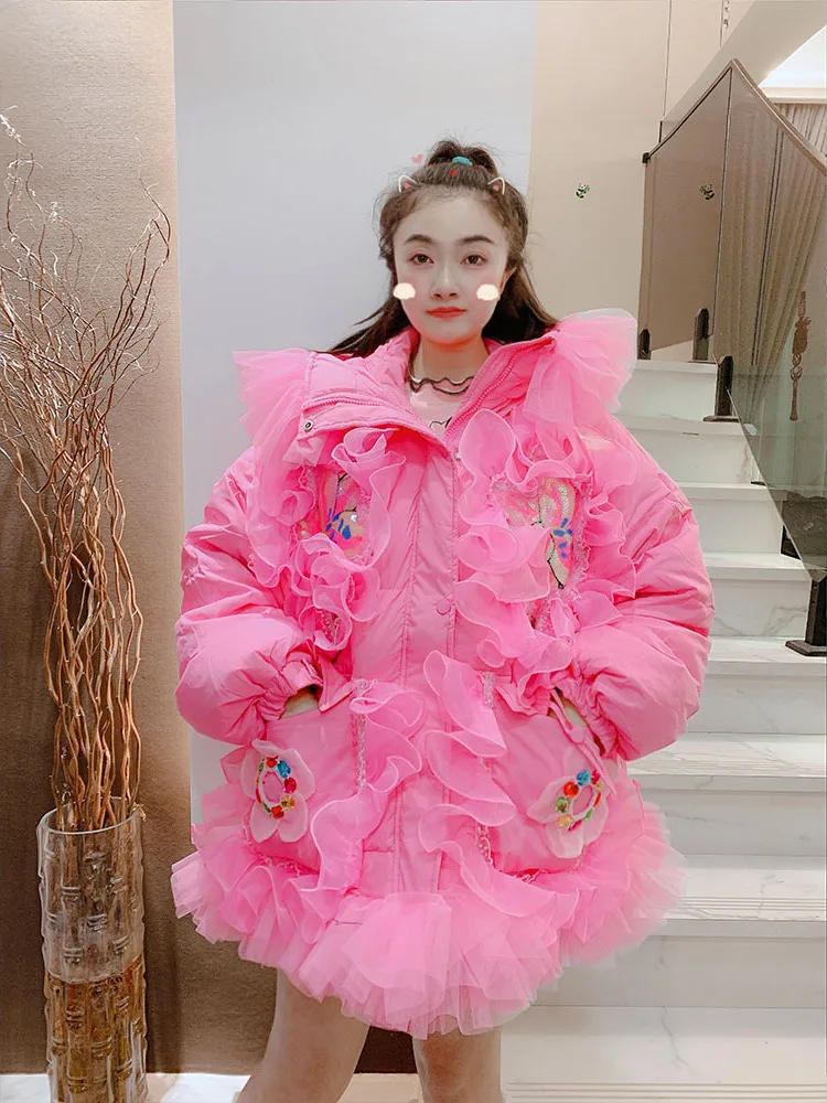 سترات نسائية موضة شتاء 2025 جديدة بحافة أوراق اللوتس الحلوة مع قلنسوة وجيب مزدوج معاطف عصرية للأسفل معاطف سميكة دافئة للأسفل #2