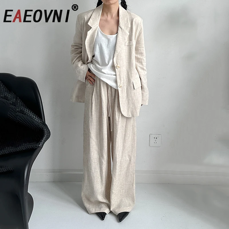

EAEOVNI Autumn Linen Solid Color Set For Women Fashion Button Long Sleeve Blazer Coat + Long Pants Office Lady 2025 New Clothing