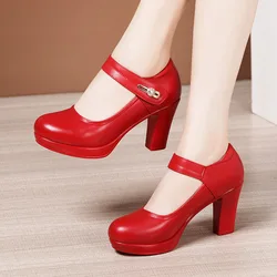 Small Size 32-43 Soft Leather Mary Janes Women's Platform Pumps 2025 Block High Heels Wedding Shoes Shallow for Office Model