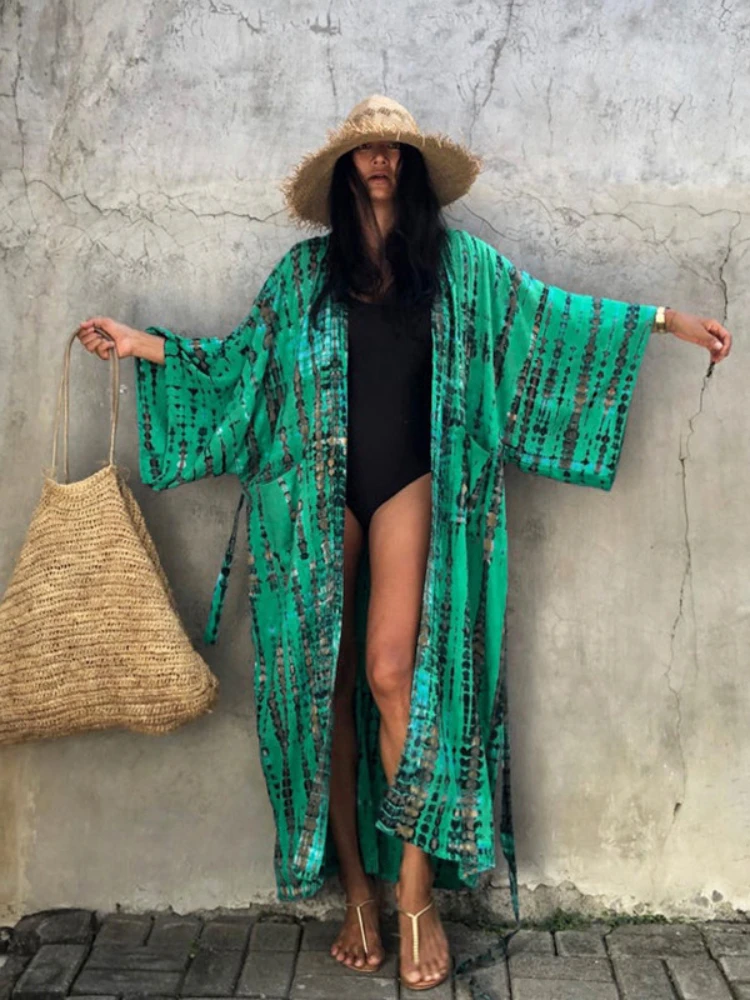 Beach Cover Up Tie Dye Striped Printed Kimono Women Long Summer Elegant Belt Swimsuit 2022 New Beachwear Outfits Sales