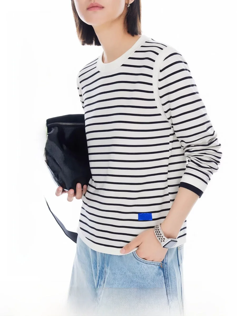

Cloud Life Evening Breeze Striped Knitwear round Neck Mixed Wool Blend Women's Spring 2026 Casual Loose Fit Soft Knitted Top