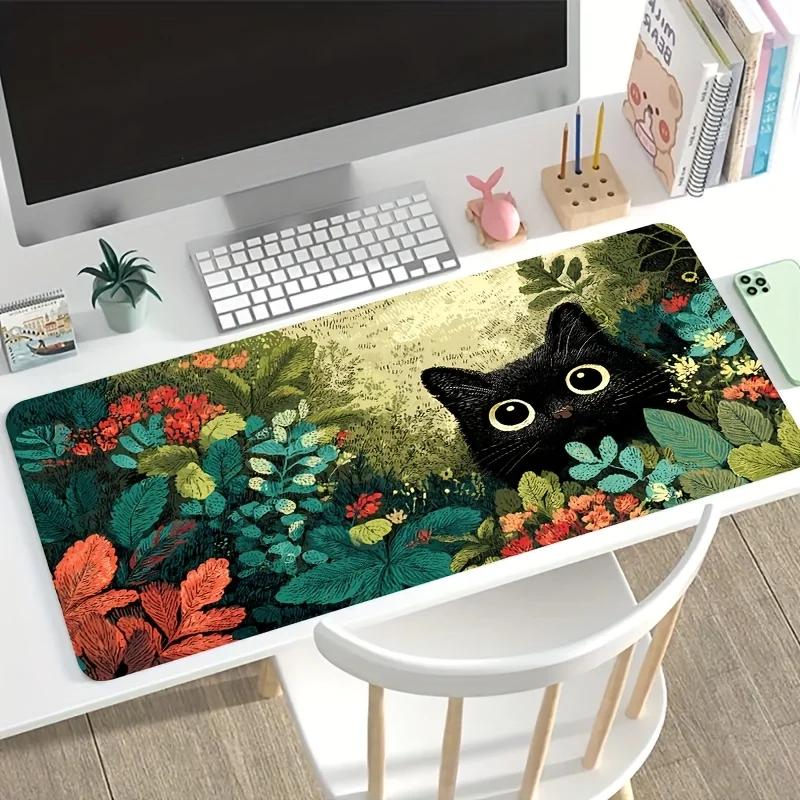 

Black cat and grass pattern mousepad anti-slip rubber computer accessory is suitable for gamers office workers and is durable