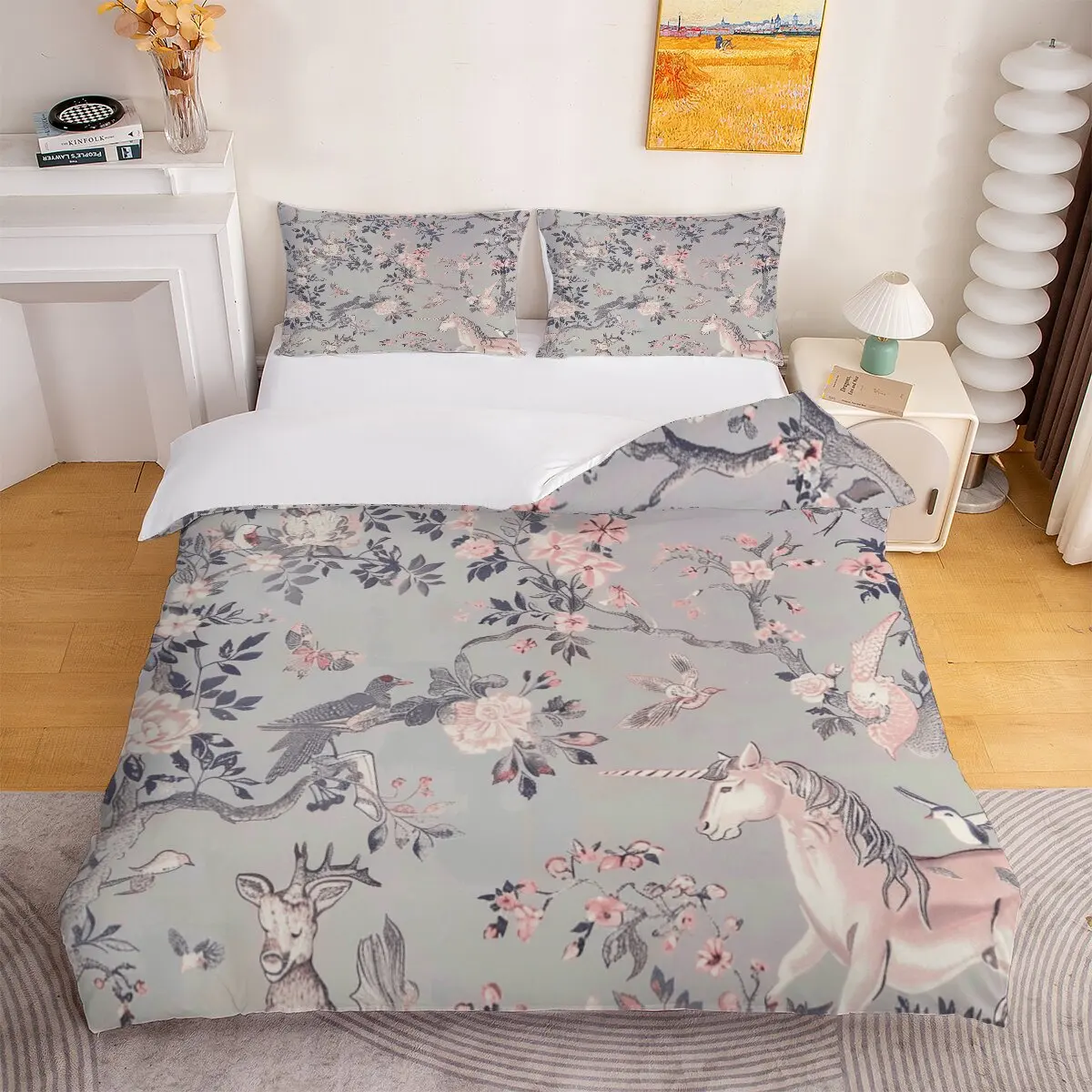 

Unicorns Down comforter set large size flowers Printed duvet cover 3-piece set with 2 pillowcases