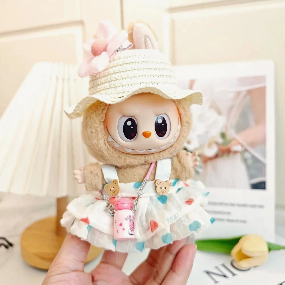 

17cm Labubu V2 V1 Doll Clothes Stylish Wrinkled Dress and Knitted Straw Hat for Ropa Labubu Doll Accessories