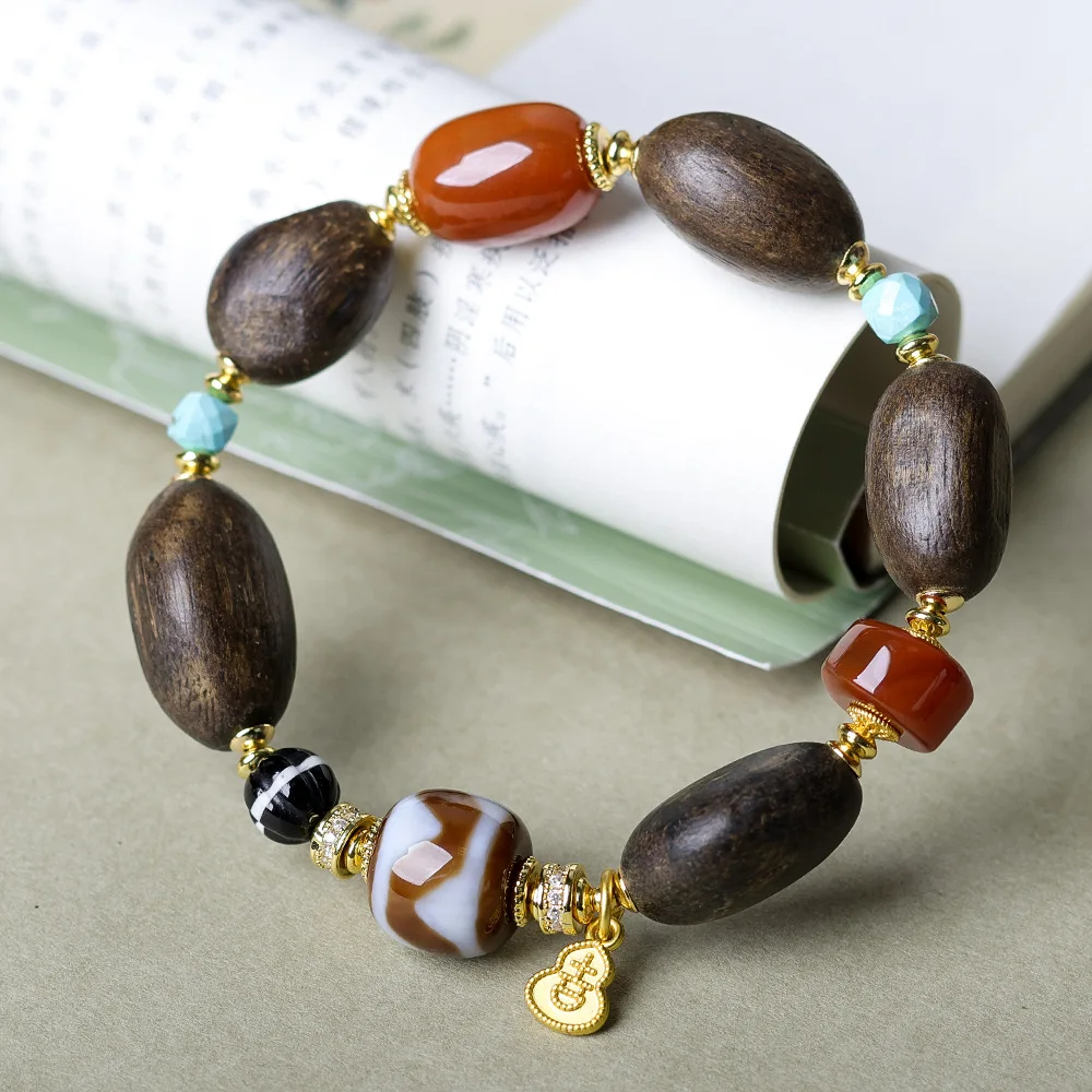2026 Winter New Worm Leak Agarwood Bracelet Original Cultural Play Tiger Tooth Dzi Bead Chinese Style Bracelet Gifts