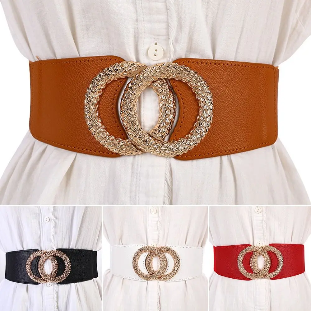 Vintage Casual Elastic Leather Waistband Luxury Wide Belts Gold Buckle Corset Band Stretch Cummerbunds