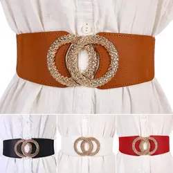 Vintage Casual Elastic Leather Waistband Luxury Wide Belts Gold Buckle Corset Band Stretch Cummerbunds