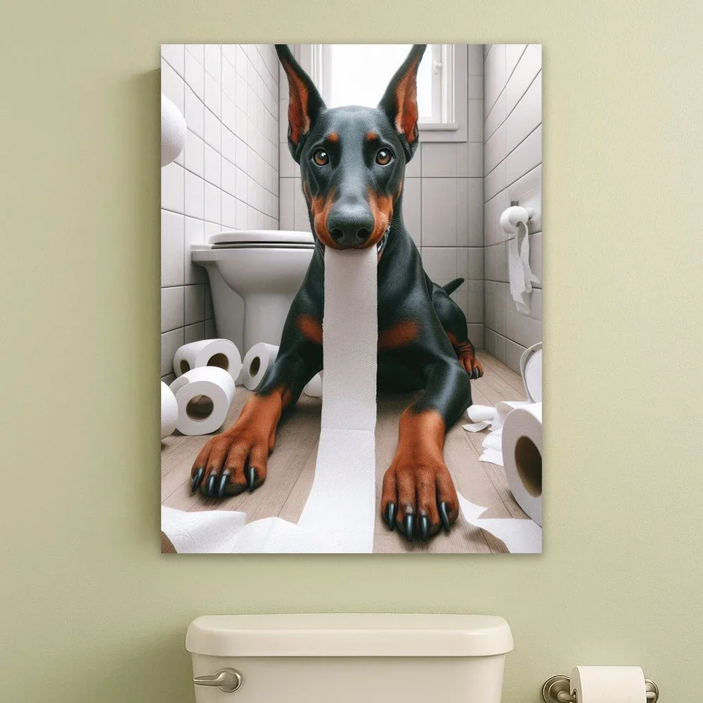 1pc frameless Canvas Painting Doberman Funny Dog Toilet Art Poster Fashion Doberman Pinscher Bathroom Wall Art Prints Modern Hum