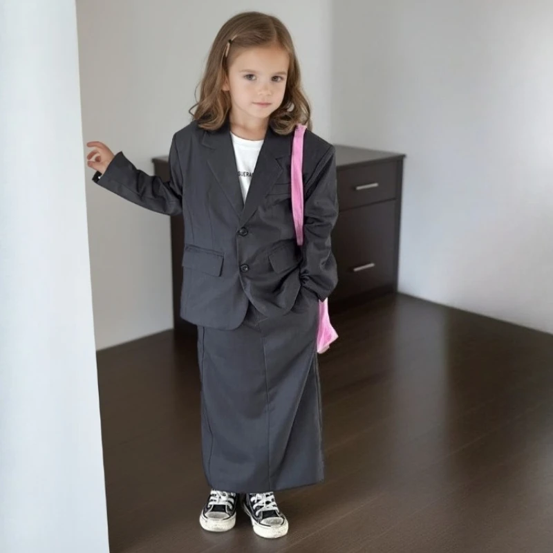 Girls Grey Suit Spring 2026 Casual Loose Blazer Skirt Two Pieces School Uniform for Kids Wedding Party Formal Costumes 2-13 Year