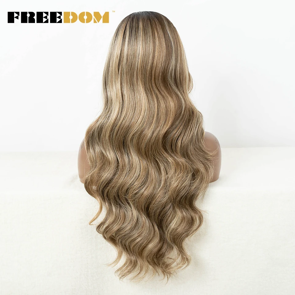 FREEDOM-peluca sintética con malla frontal para mujer, postizo de encaje con parte C, Color ombré, marrón, rosa, rojo, onda corporal, Cosplay