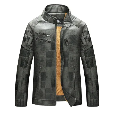 MAIDANGDI Men's Motorcycle Leather Jacket with Warm Standing Collar and Checkered Top  Made of Synthetic Leather PU Material