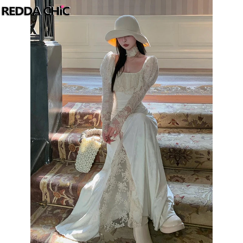 

ReddaChic Ruffled Square Neck Puff Sleeves Women Party Gown Embroidery Lace Shirring Maxi Long Dress Pretty Elegant Fall Clothes