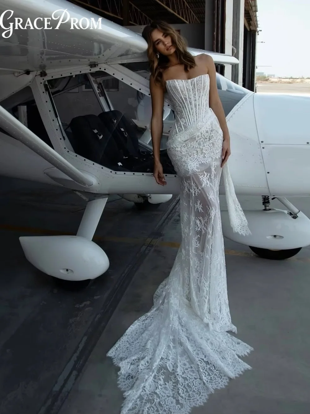 

Sheer White Lace Corset Wedding Dress Romantic Strapless Sultry Bridal Gown For Bride Customized Mermaid Train Vestido De Novia