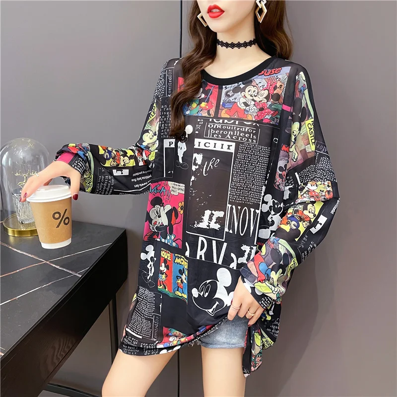 Mickey cartoon printing Black White Mesh Oversized T Shirt Women Summer Transparent  Silk T-shirts for Lady Sun Protection