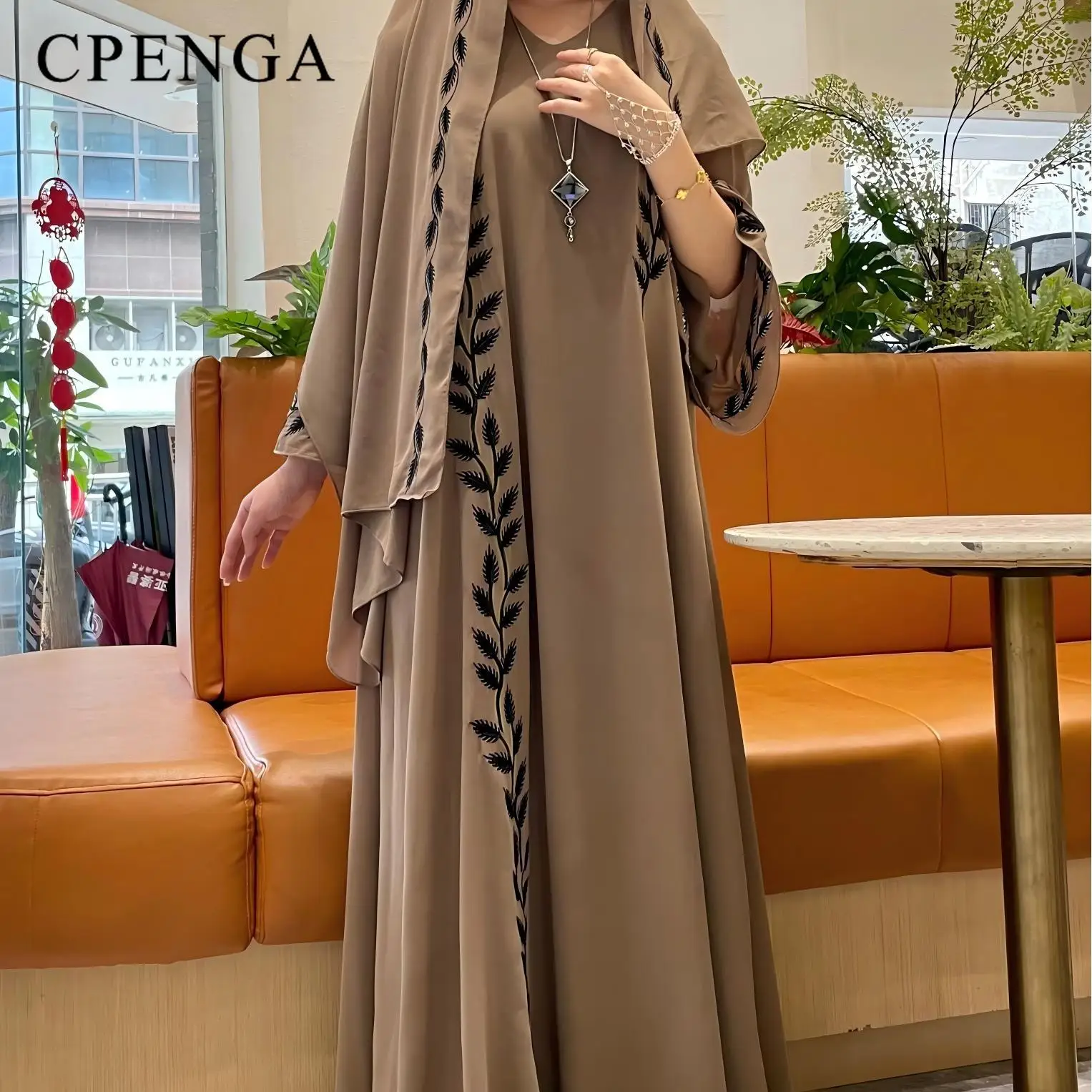 

Two-piece Arabic Chiffon Clothes Set for Muslim Women Elegant Dubai Modest Abaya Dress with Hijab Islamic Party Jalabiya Outfit