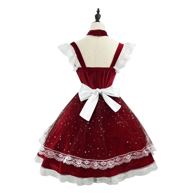 Sweet Lolita Christmas Red Dresses Lace Sequined With Star Elegant Vintage Princess Ball Gowns Xmas New Year Cosplay Uniform