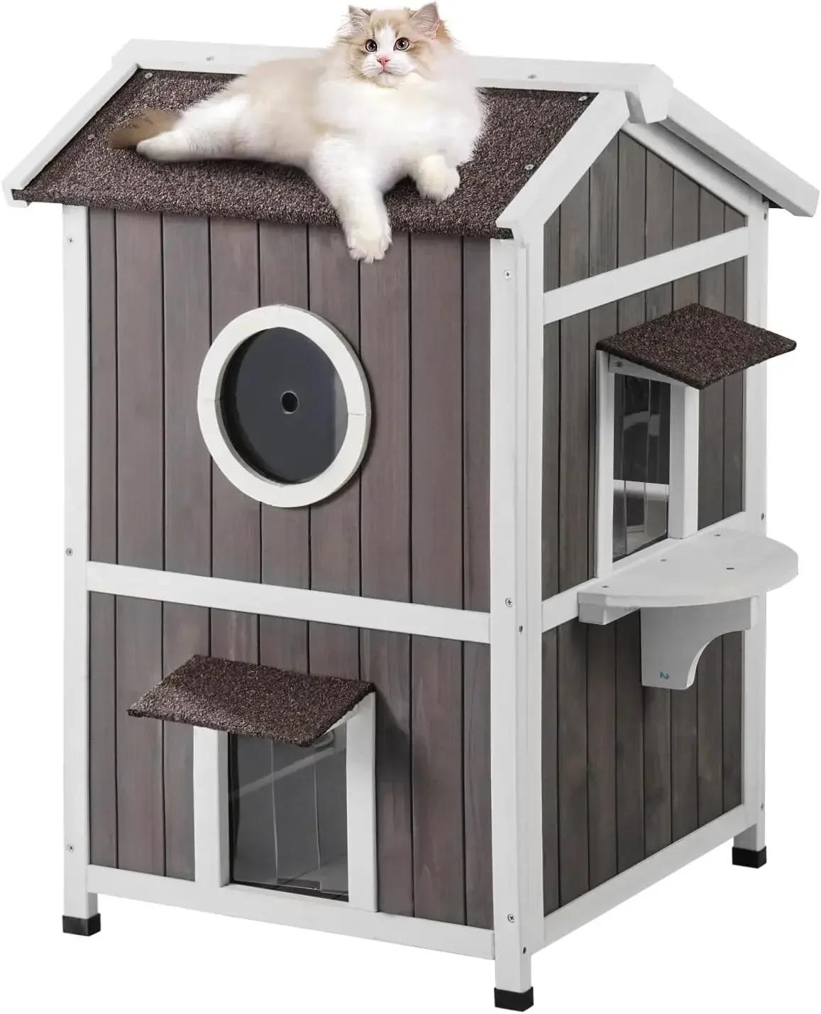 Outdoor Cat House Weatherproof, Feral Cat Shelter for Multiple Cats, 2-Story Large Outdoor Wooden Cat House with Doors