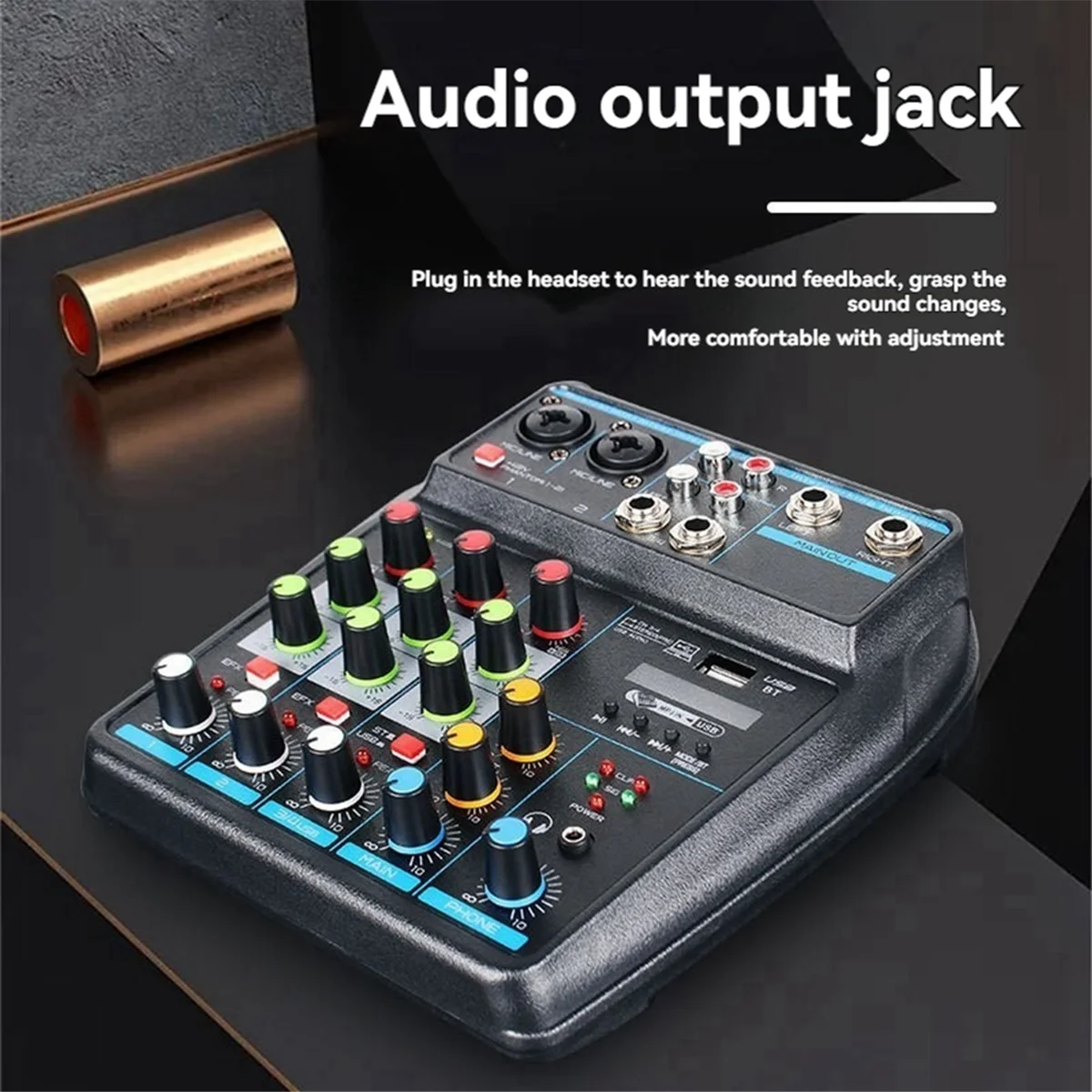 A04R-Professional 4-Channel USB Audio Mixer Console with Bluetooth, Recording Capabilities for DJs and PC Mixing