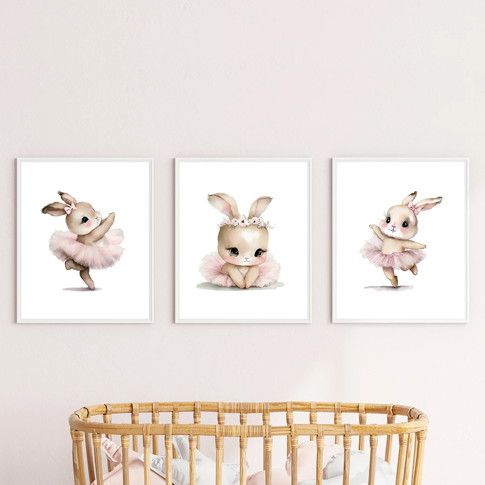 3pcs Cute Ballerina Bunny Ballet Canvas Posters Woodland Animal Print Painting Girls Room Decor Rabbit Wall Art Nursery Decor