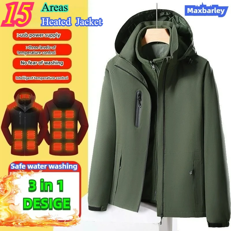 

COMXZ 15-зонная ветровка с подогревом, зимняя электрическая USB-самонагревательная дорожная куртка, мужская ветрозащитная теплая флисовая куртка 3 в 1, Chaqueta