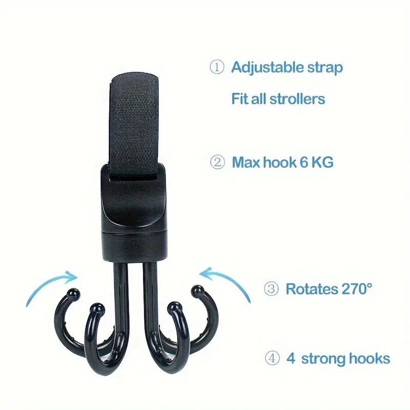 

270 ° Вращающиеся крючки для коляски, 4 прочных крючка, максимальная нагрузка 15 кг, регулируемый ремень, универсальные для детских колясок, органайзеров и сумок