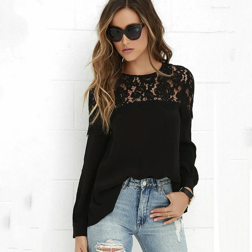 Sexy Hollow out Lace Chiffon Women Blouse Pullover Full Sleeve Shirts Vintage Tops and Blouses Loose Lattice Blusa Feminina