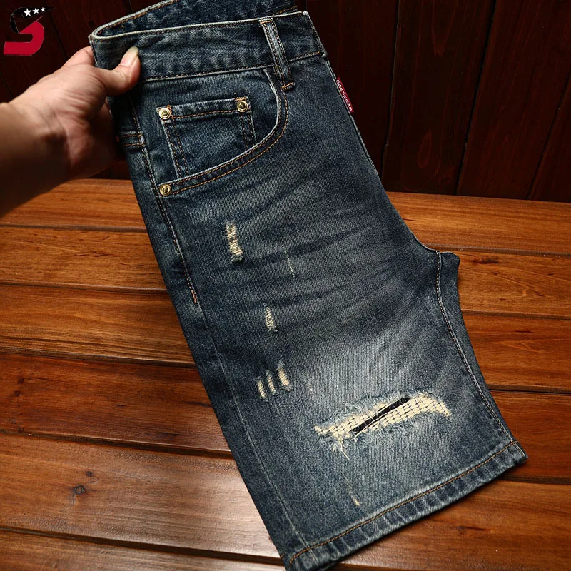 High-end fashion ripped patch denim shorts men's slim fit stretch fashion Korean style blue retro fashionable fifth pants