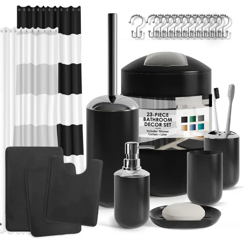 

Bathroom Set - Black Accessories , with Shower Curtain and Rugs, 23PC Liner, S