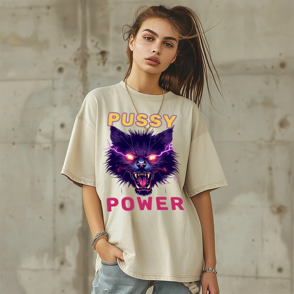 

Pussy Power Cat Tshirt Funny Ugly Pussycat Print Short Sleeve 2024 New Casual Cotton T-shirt Vintage Washed Graphic Tees