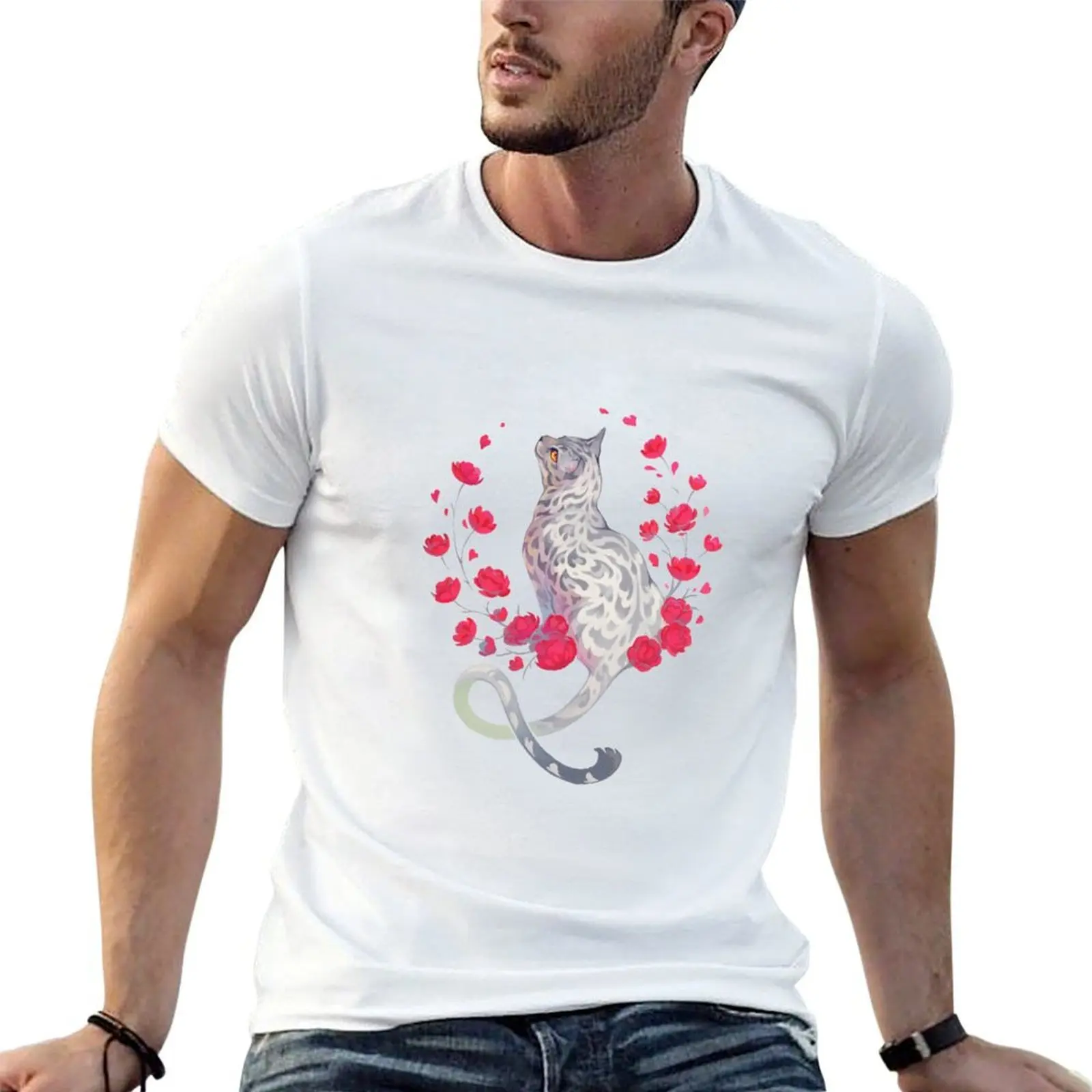 Camiseta de gato bengala plateado con flores rojas, Camiseta de algodón para hombre, camisetas 100% para hombre, Camiseta de algodón