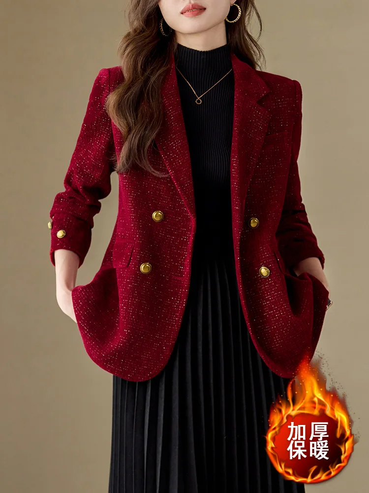

Red women's blazer for spring and autumn, thick padded, petite size, elegant casual gold velvet suit jacket
