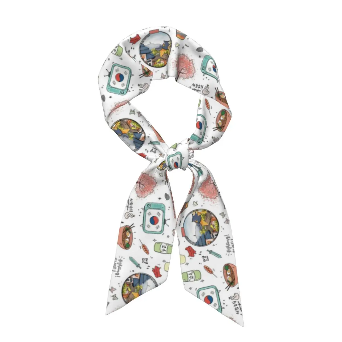 K-drama Soju Korea Cherry Blossom Women Long Narrow Scarf Silky Skinny Scarf Multi-use Neck Head Wrap for