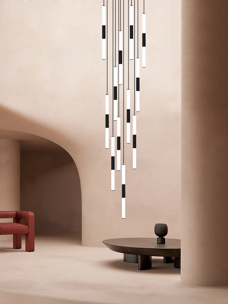 

LED New Modern Style Villa Long Pendant Hanging Staircase Pendent Lamp Cylindrical Lamp Tube Living Room Dining Room Chandelier