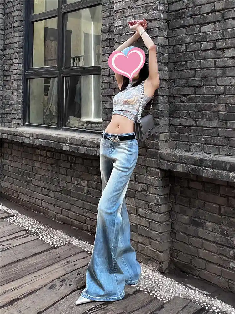Jeans a vita bassa da donna Pantaloni in denim svasato American Retro Abi Coreano Y2k Jeans candeggina giapponese Bell Bottom Y2k Harajuku 2000s Nuovo