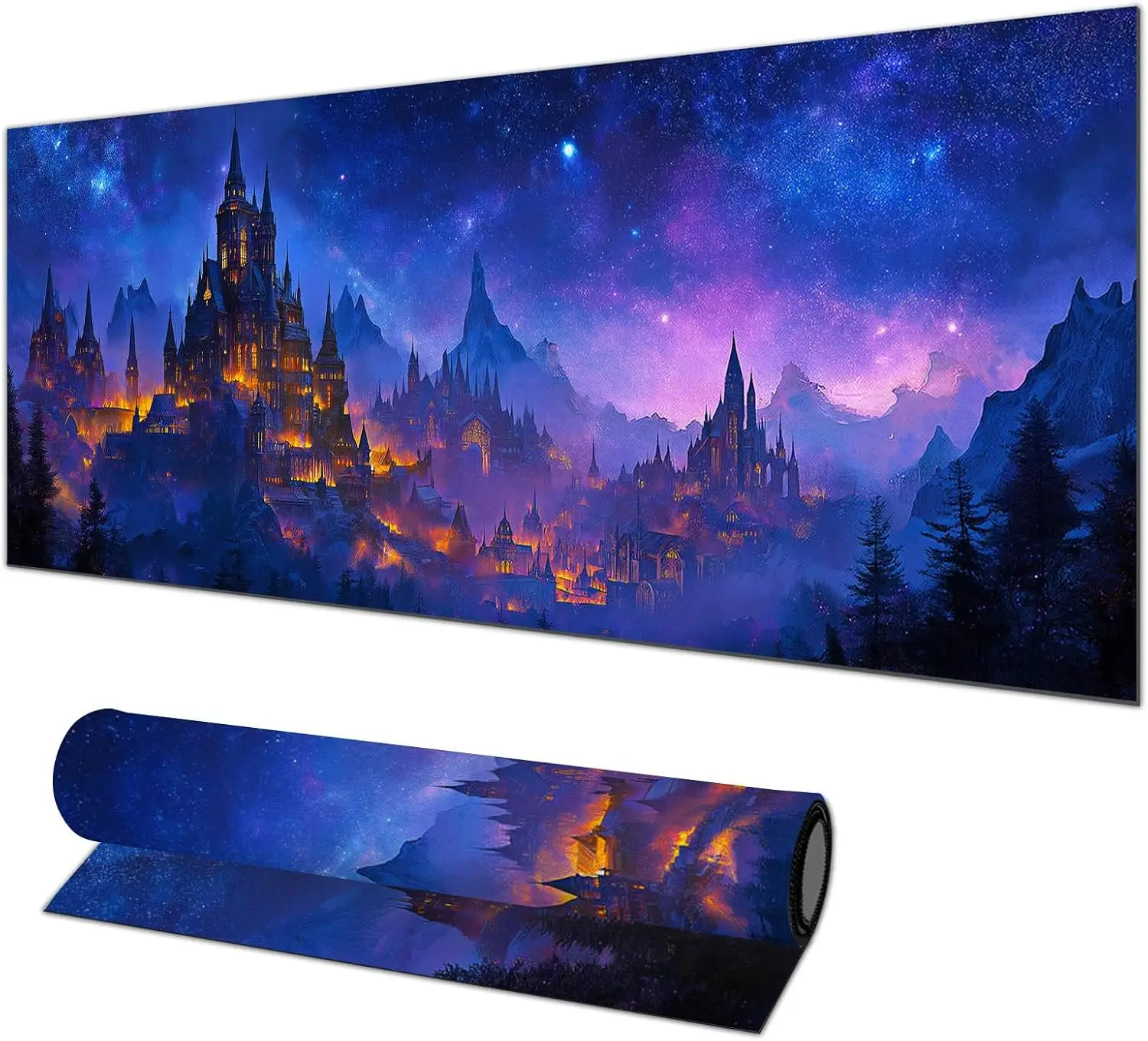 Galaxy Night Castle Gaming Desk Pad, Enchanted Glowing Magic Fortress Scenery Design, Non‑Slip Mouse Mat For Laptop PC Home