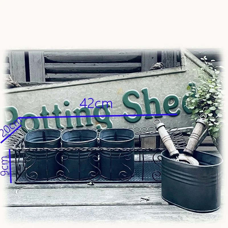 Vintage Metal Potting Storage Set, 4-Piece Garden Container Set with Decorative Wire Rack, 42 x 20 cm